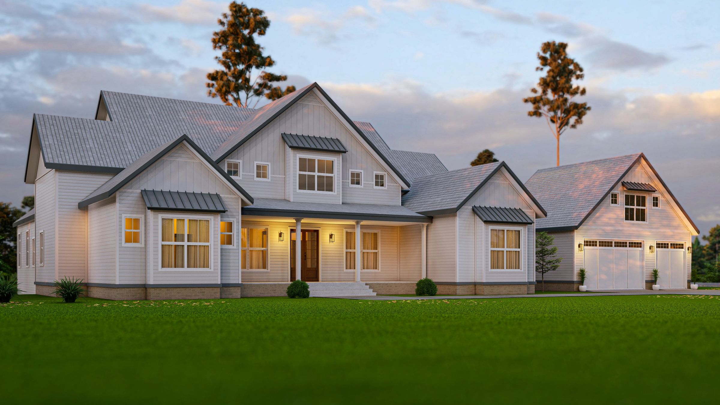 Modern farmhouse at dusk with interior lights glowing