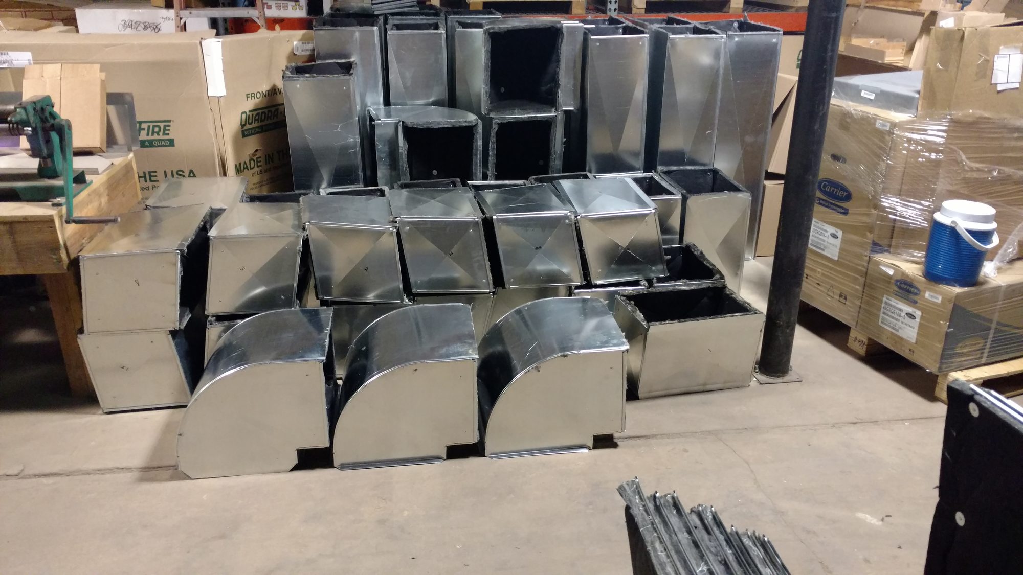 Custom sheet metal plenums, transitions and elbows fabricated in the Nightingale Mechanical shop